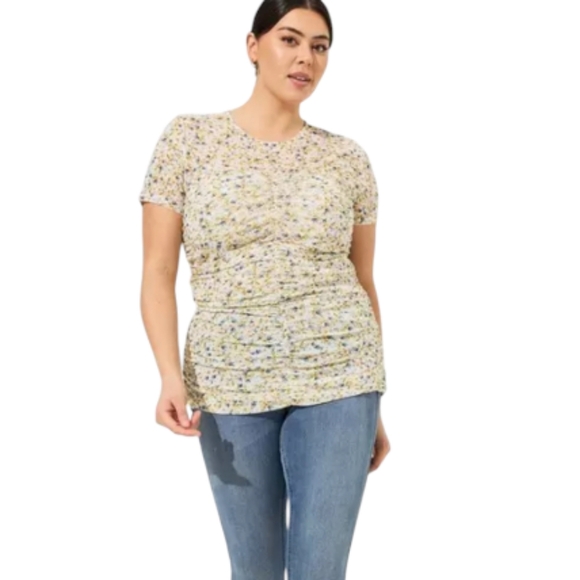 84. Torrid NWOT stretch mesh ruched short sleeve floral top - Picture 1 of 8